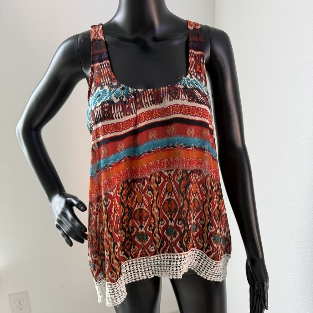 Boho Crochet Lace Racerback Tank Top Ikat Print Collective Concepts Size Small